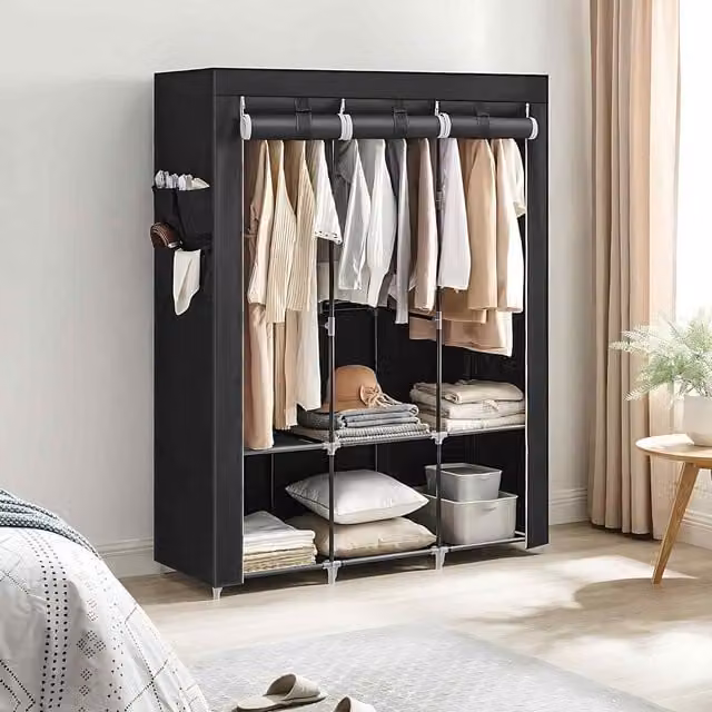 The Bazaarist Portable Fabric Wardrobe with Cover, 3 Hanging Rails, Storage Shelves and Side Pockets, Black