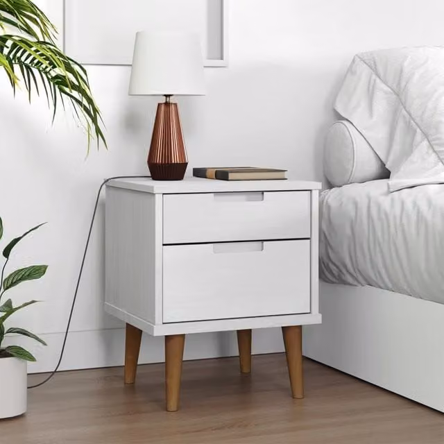 Berkfield Home MOLDE White Solid Wood Pine Bedside Cabinet W/D/H: 40 x 35 x 48 cm