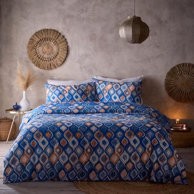 Portfolio Home Tangiers Blue Boho Graphic Duvet Cover and Pillowcase Set, W: 140 cm, H: 200 cm