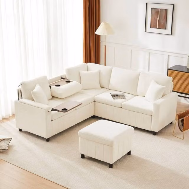 STILVORA Beige Chenille Reversible L-Shape Corner Sofa Bed with USB Charging, LED Lighting and Cup Holders