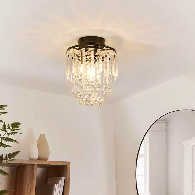 Livingandhome Crystal and Metal Cylinder Ceiling Light in Black and Transparent