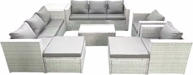 Fimous Outdoor Rattan Garden Furniture Set in Light Grey with 2 Armchairs, Oblong Coffee Table, 2 Footstools and Side Table