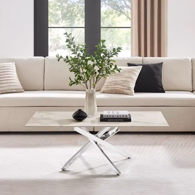 FurnitureboxUK Leonardo Rectangular Marble Effect Glass Top Coffee Table with Silver Metal Starburst Legs in White