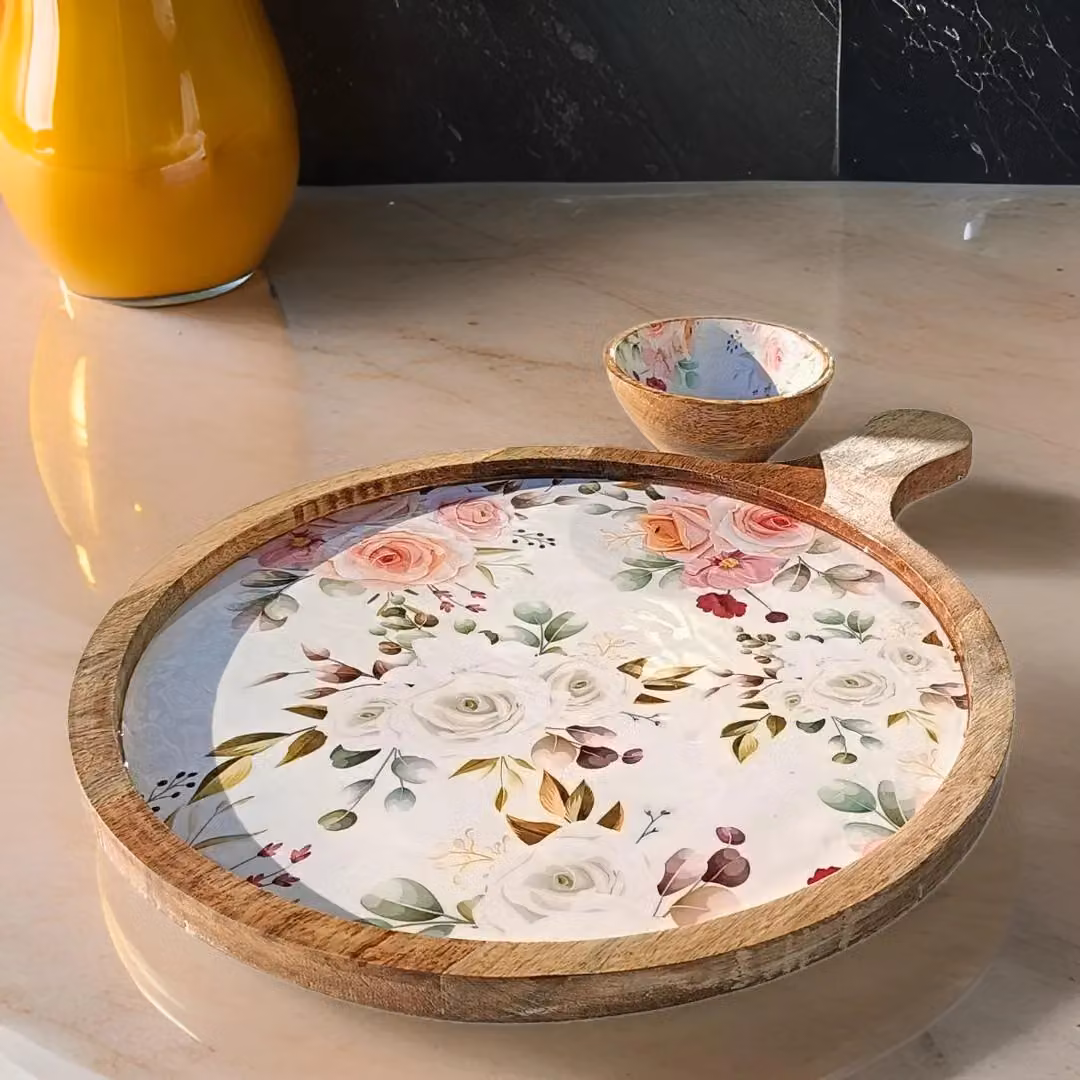 Hartsmede Handmade Mango Wood Serving Platter with Bowl, Round Floral Enamel Pattern, Pink, White and Multicolour – 3
