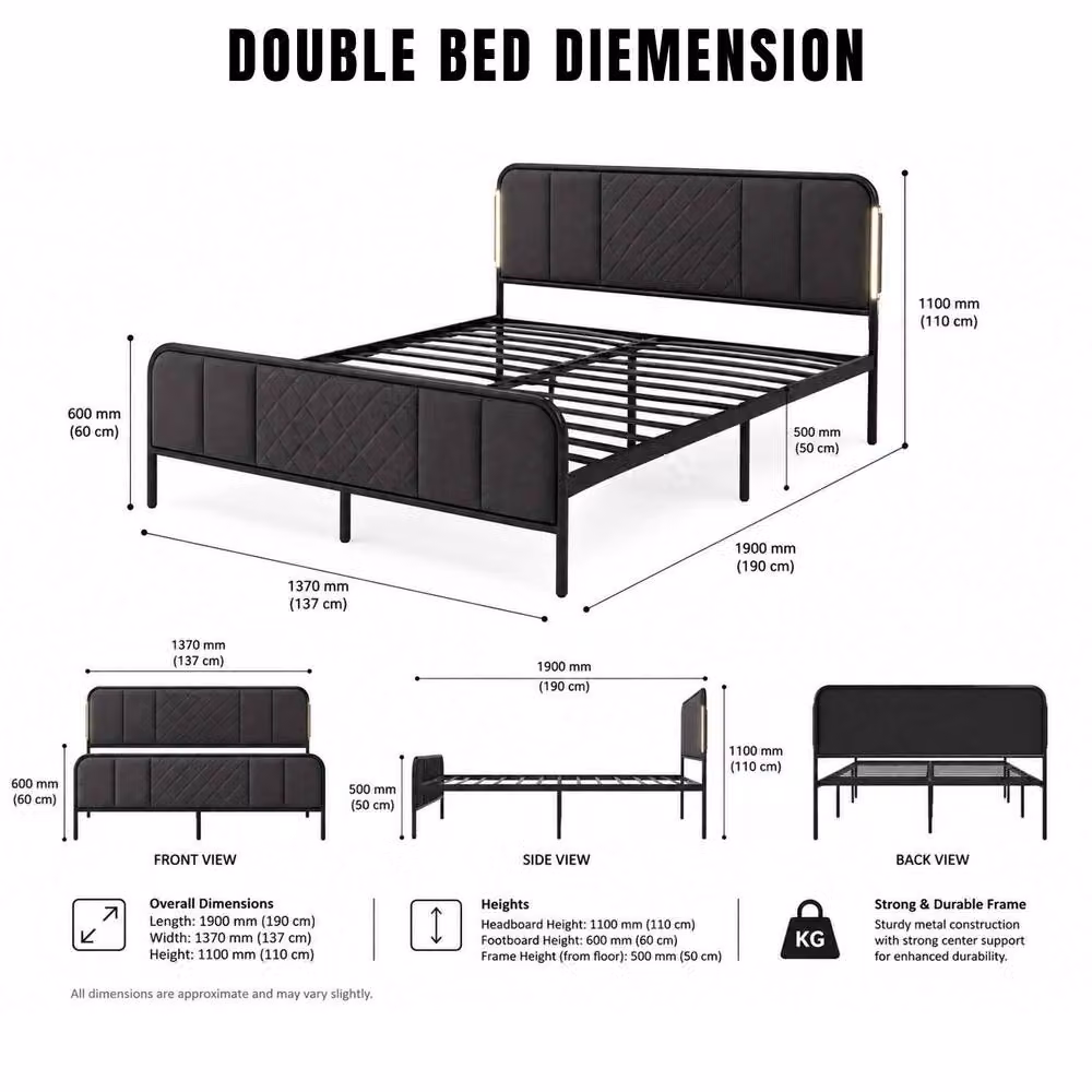 Sliding Wardrobes 4U Modern Double LED Bed Frame with Quilted Headboard in Black, W/D/H: 190 x 137 x 110 cm – 2