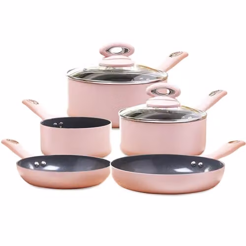 Cermalon 5-Piece Pink Ceramic Cookware Set with Grey Non-Stick Coating including Frying Pans and Saucepans