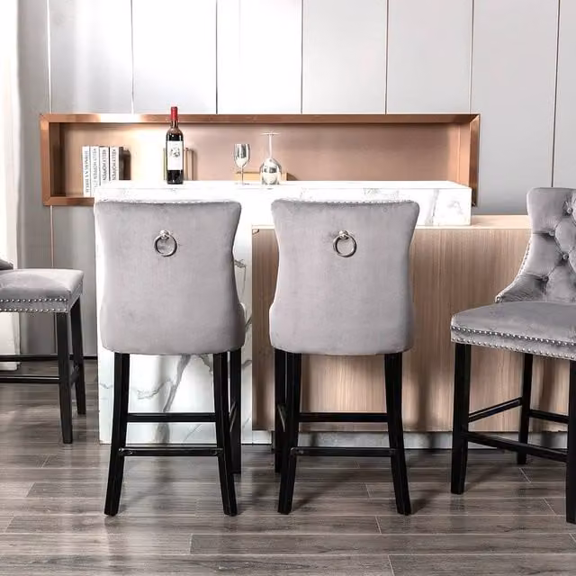 Modern Home Touch Romsey Set of 4 Grey Velvet Kitchen Breakfast Barstools with Oak Wooden Legs and Knocker Ring Back – 1