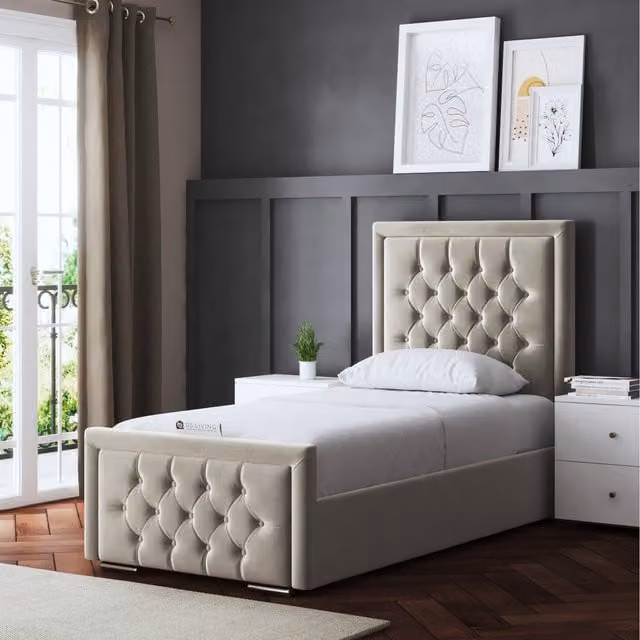 DS Living Allegra Upholstered Velvet Chesterfield Bed in Beige, W/D/H: 140 x 200 cm