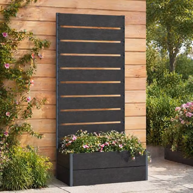STILVORA Black Garden Planter Box with Trellis, Aluminium and WPC Construction, W/D/H: 150 x 34 x 72 cm