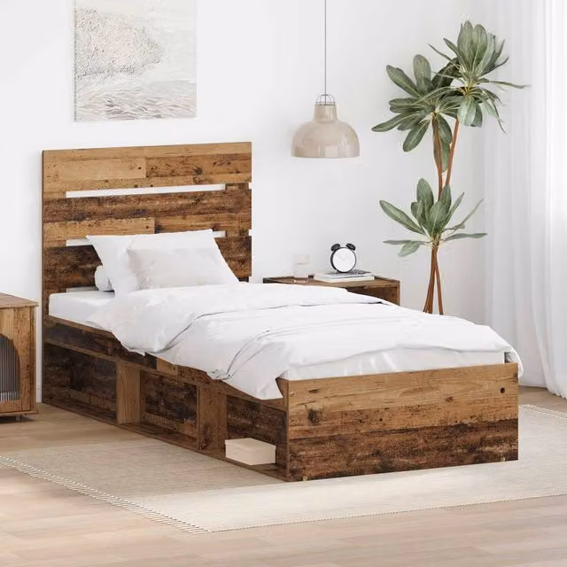 Berkfield Home Bed Frame with Headboard in Brown Old Wood, W/D/H: 90 x 190 cm