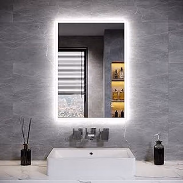 Biznest Rectangular Silver LED Mirror with Bluetooth Speaker and Dimmable Touch Control