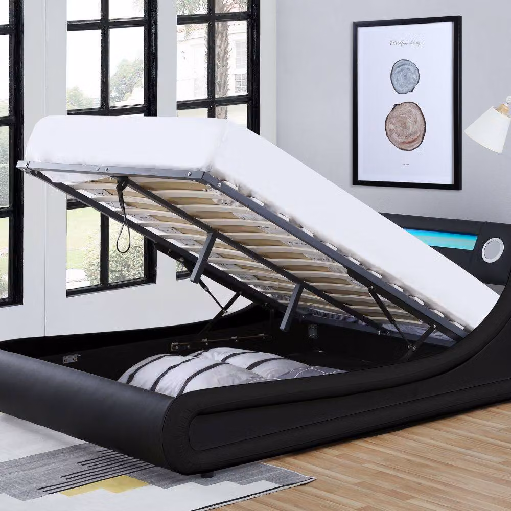 Modish Furnishing Madrid Black Synthetic Leather King Size Ottoman Storage Bed with Bluetooth – 3