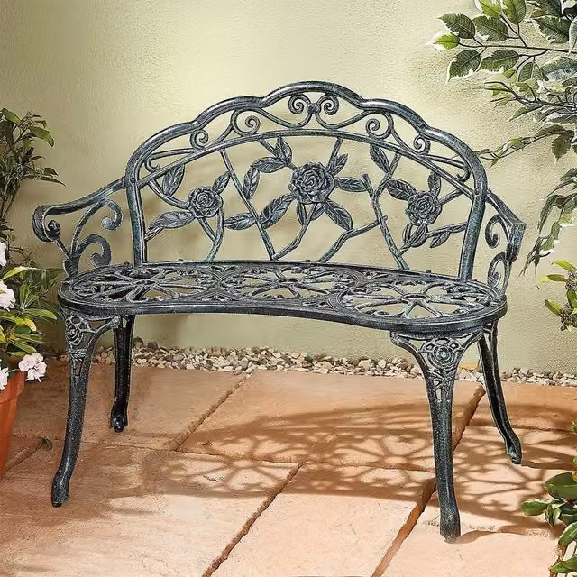 Gainsborough Antique Green Floral Rose Garden Bench in Cast Aluminium and Iron