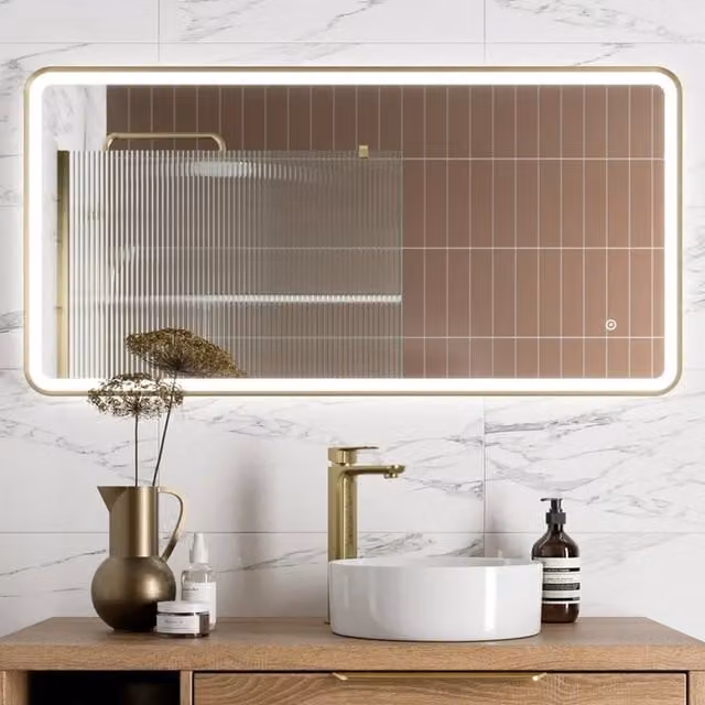 Bathwell Rectangular LED Mirror with Demister and Touch Switch in Gold, W: 120 cm, H: 60 cm