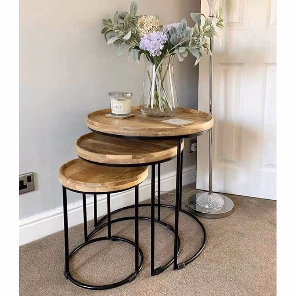 FORGEVIO Nest of 3 Round Solid Wood Side Tables in Brown – 2