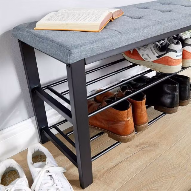 SPETLEK Metal Shoe Bench with Storage Shelves in Grey Linen and Black – 1