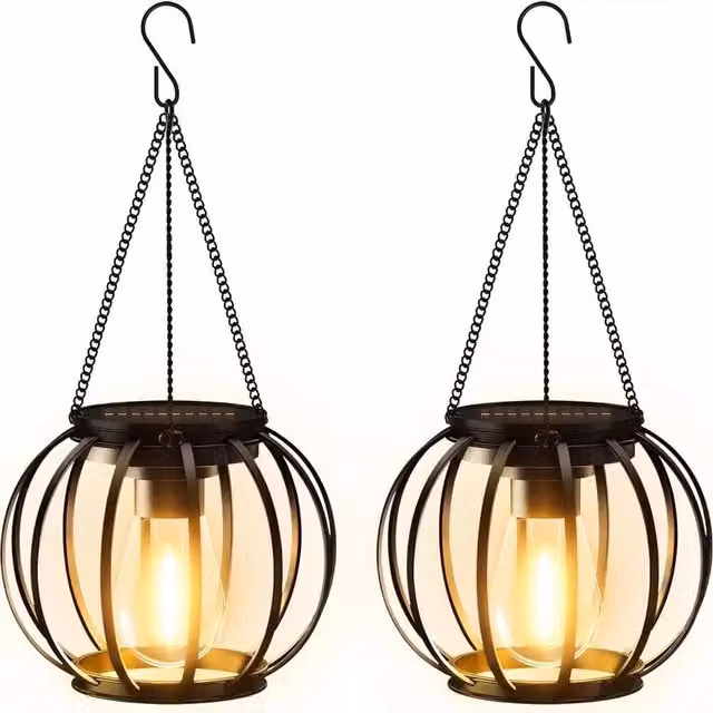 VOGREX 2-Piece Set of Black Metal Outdoor Solar Lanterns with Warm White Light and IP65 Waterproof Rating – 1
