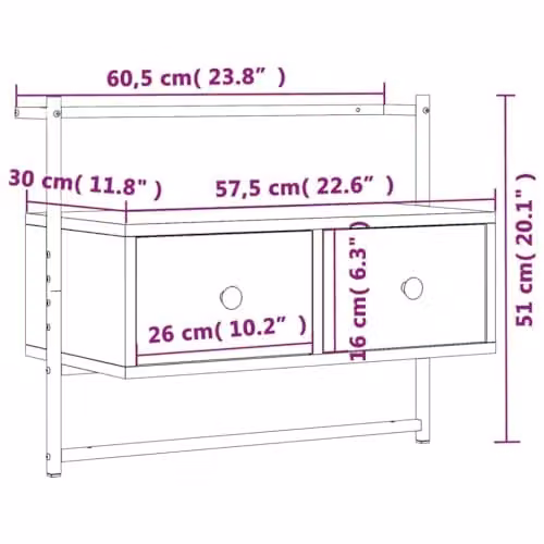 vidaXL Wall-mounted TV Cabinet in Grey Sonoma, W: 60.5 cm, D: 30 cm, H: 51 cm