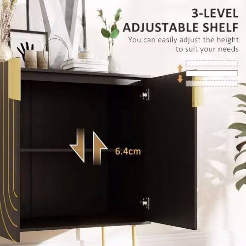 HOMCOM Art Deco Kitchen Sideboard with Integrated Lighting and Metal Legs, Black and Gold – 4