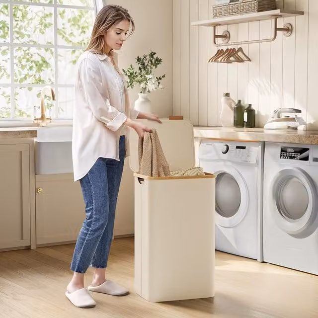 The Bazaarist Laundry Hamper with Lid, Bamboo Handles and Removable Bag, White