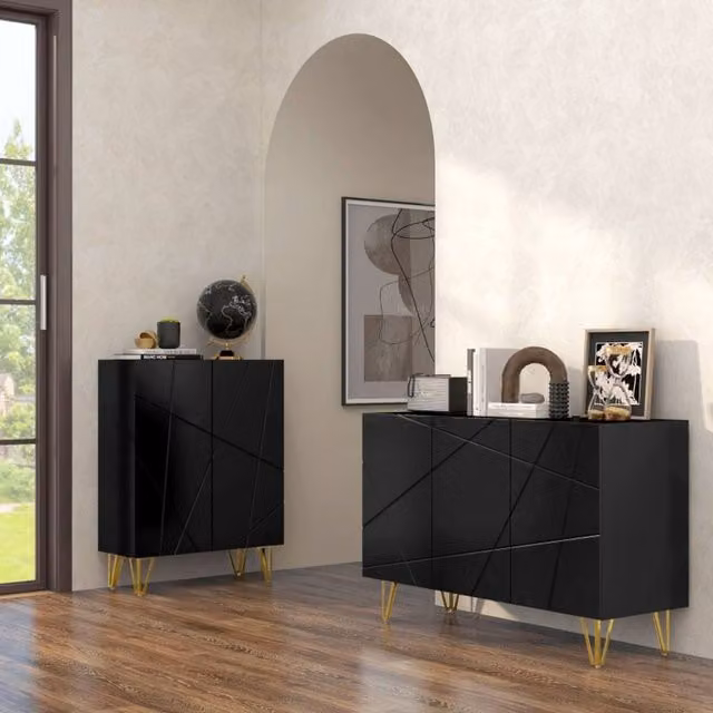 STILVORA Modern Glossy Black Sideboard with Gold Accents and Adjustable Shelves, Width: 120 cm