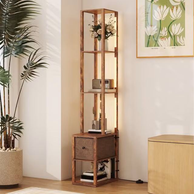 HOMCOM Rustic Brown Floor Lamp with Shelves and Fabric Drawer featuring Warm White LED Light