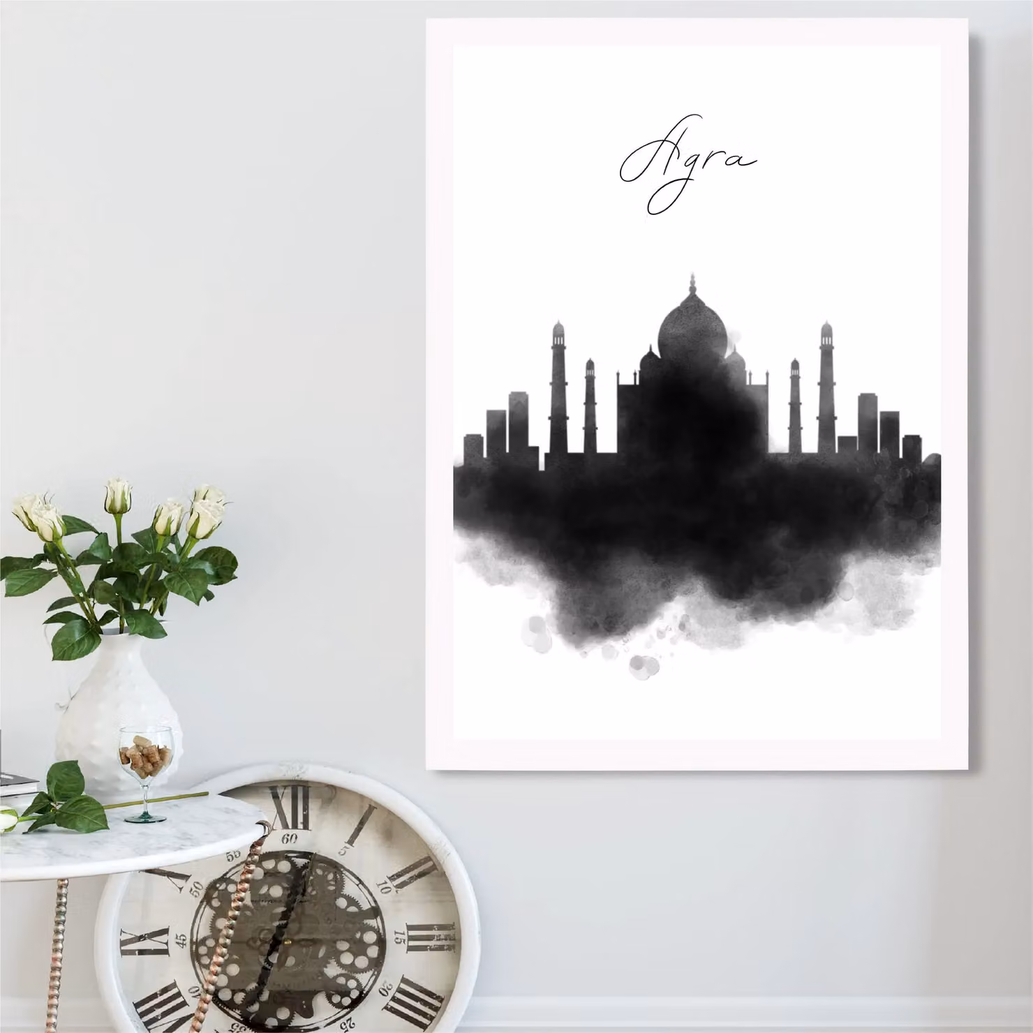 ARTZE Agra Watercolour Skyline City Framed Print, Black and White, A2 – 2