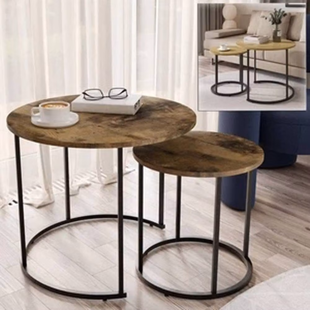 Havendro Ancient Wood Nesting Tables Set of 2, Industrial Round Side Tables in Brown and Black – 3