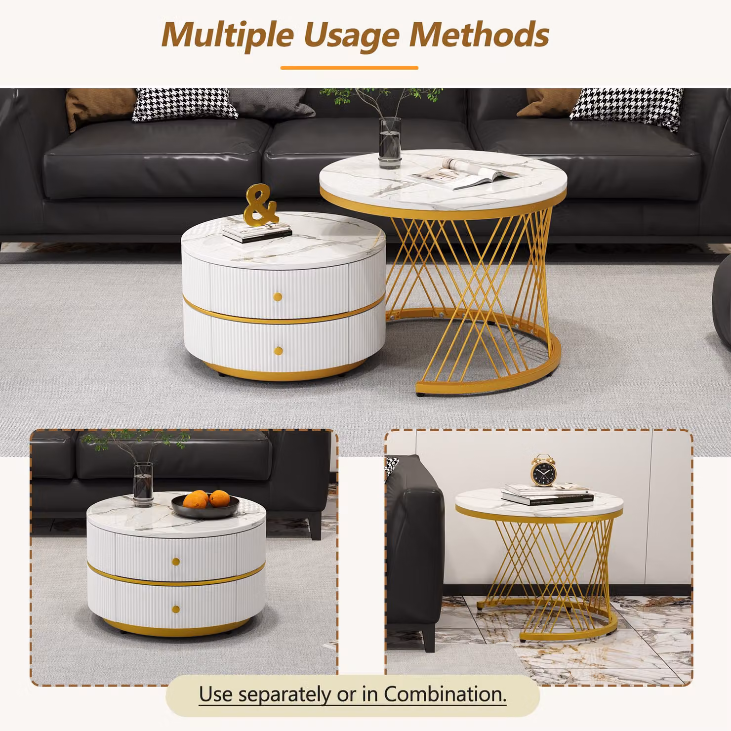 Aosom.UK 2 Piece High Gloss Round Nesting Coffee Table Set with Marble Top and Storage Drawers in Gold and White – 3