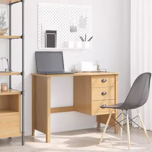 vidaXL Modern Writing Desk with Drawers in Brown Pine Wood, W/D/H: 100 x 45 x 74 cm – 2