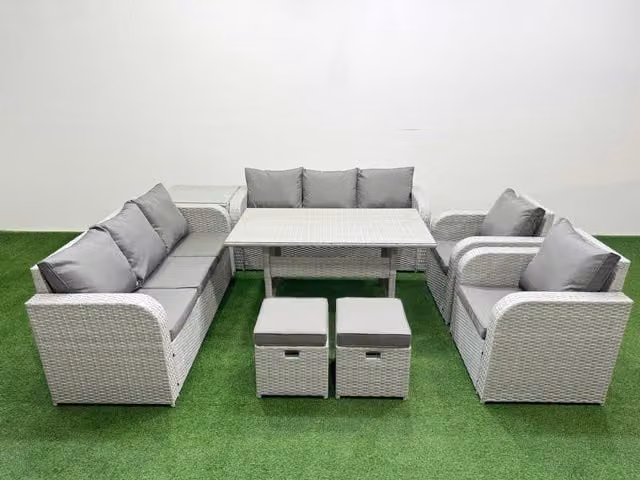 Fimous PE Rattan High Back Lounge Sofa and Rectangular Dining Set in Light Grey with 3 Seater Sofa, Reclining Chair, Stools and Side Table