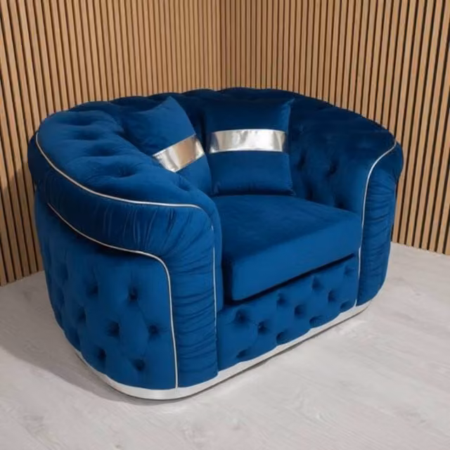 Stratus Interiors Ambassador Chesterfield Sofa in Blue Plush Velvet with Gold Trim