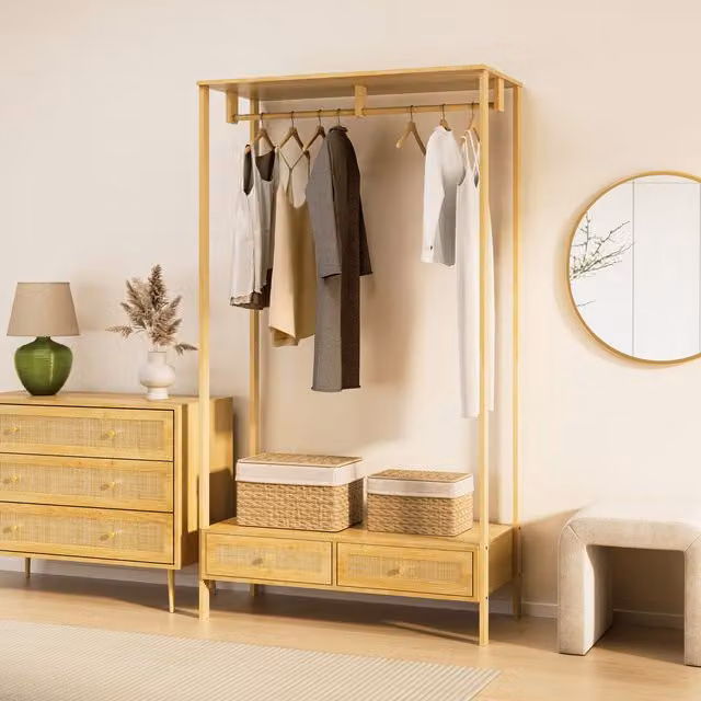 VonHaus Sienna 2 Drawer Rattan Fronted Bedroom Clothes Rail in Brown and Gold – 1