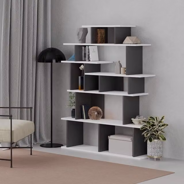 FWStyle Large 6 Tier Bookcase Shelving Unit in Anthracite Grey and White