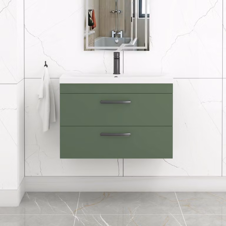 Royal Bathrooms Turin 800mm Wall Hung Vanity Unit in Matt Green with 2 Drawers and Matt Black Handles