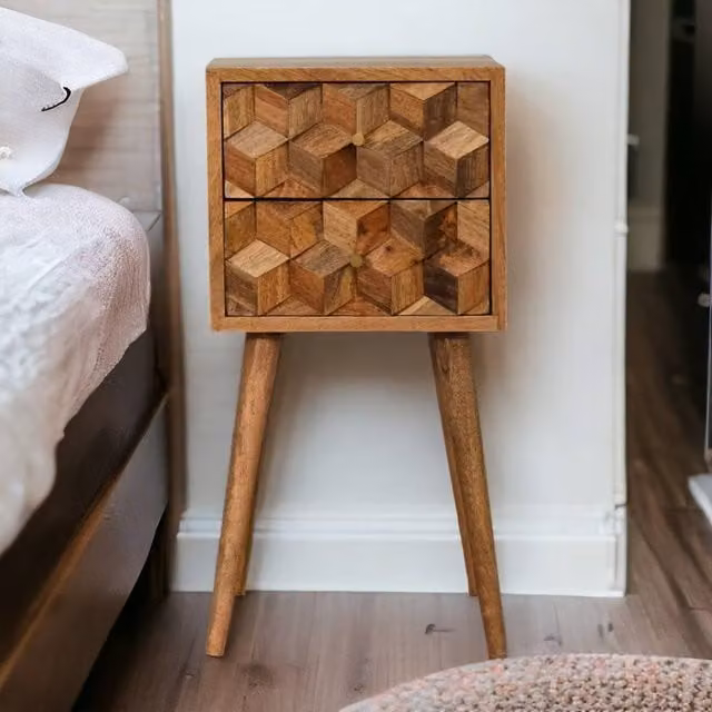 Direct Wicker Brown Solid Wood Carved Mini Cube 2 Drawer Bedside Cabinet W: 30.0 cm, D: 30.0 cm, H: 62.0 cm – 1