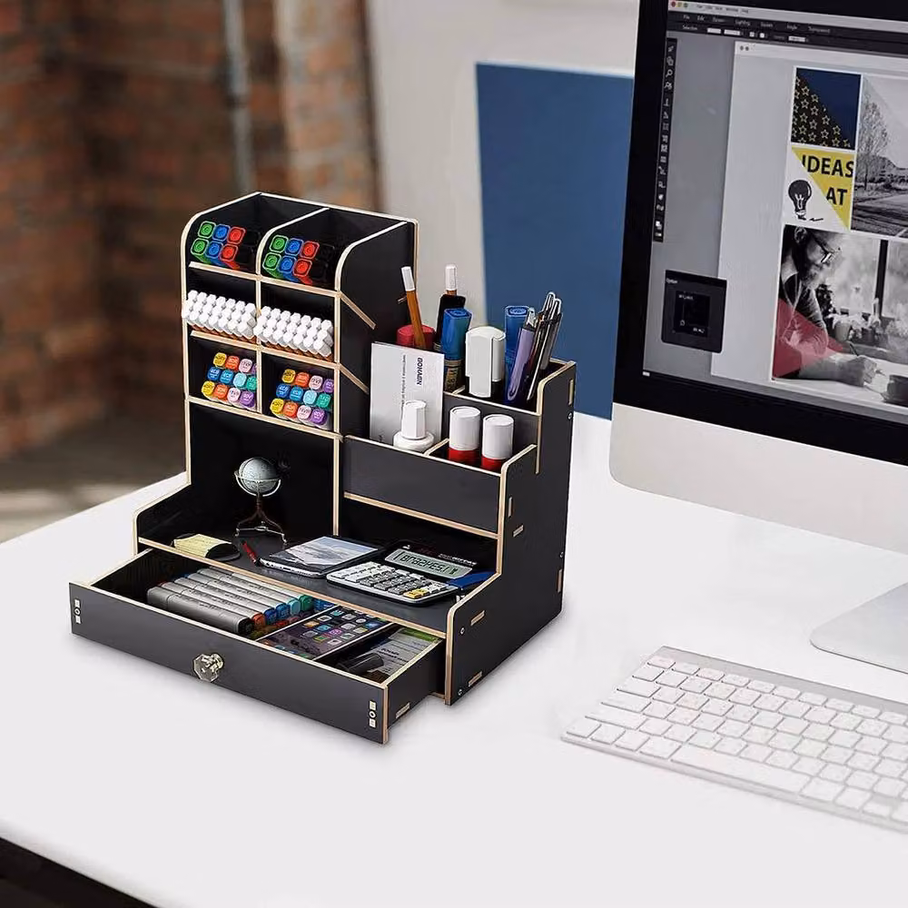 PAWNORA Multi-Compartment Office Study Desk Organiser in Black Wood – 5