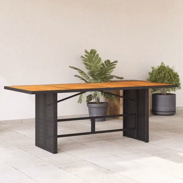 Berkfield Home Garden Table with Black Poly Rattan and Acacia Wood Top, W: 190 cm, D: 80 cm, H: 75 cm – 1