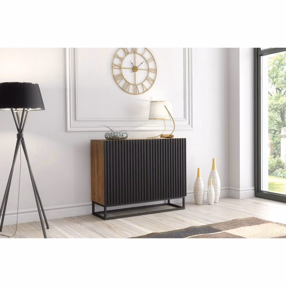 Mex Furniture LTD Ripple Sideboard with Black Fluted Doors in Dark Brown and Oak, W: 100 cm, H: 80 cm, D: 35 cm – 3