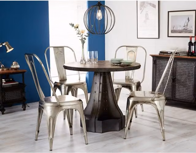 IH Design IN Industrial Round Dining Set with 4 Grey Metal Chairs and Brown Wood Table
