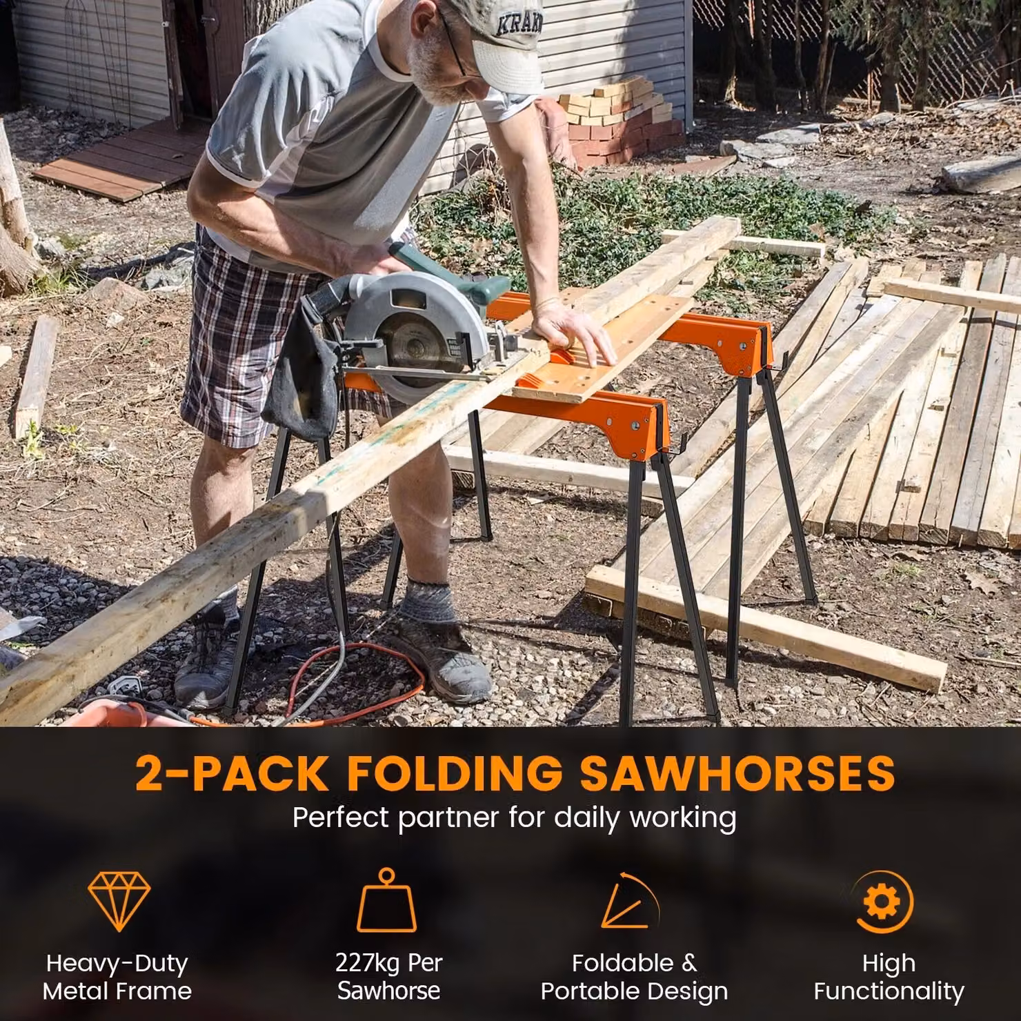Costway Twin Pack of Foldable Metal Sawhorses with Handles and Non-Slip Footpads in Black and Orange – 4