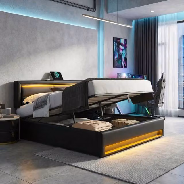ModernLuxe Upholstered Double Bed in Black with Hydraulic Storage, LED Lighting and USB Charging Ports, W/D/H: 140 x 200 x 135 cm