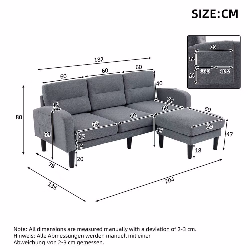 Rolipo Grey Reversible 3 Seater L Shaped Corner Sofa with Chaise and Scatter Cushions, Width: 204 cm – 2
