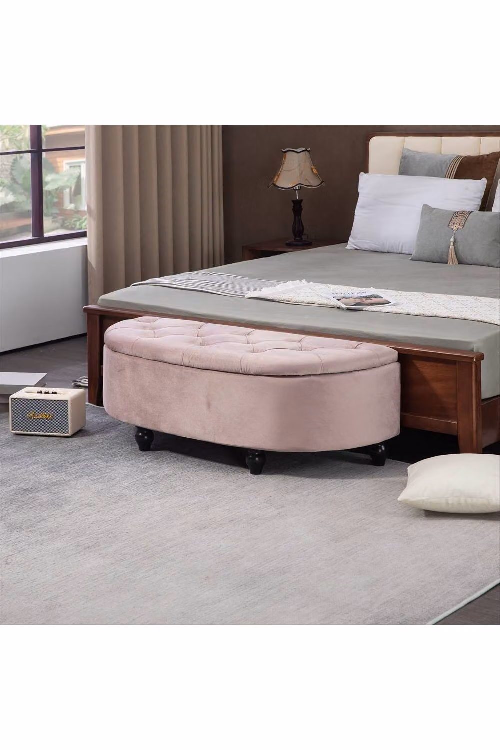 ERGOVEXA Semi-Circle Velvet Ottoman Storage Bench in Pink, W/D/H: 120 x 46 x 42 cm – 2