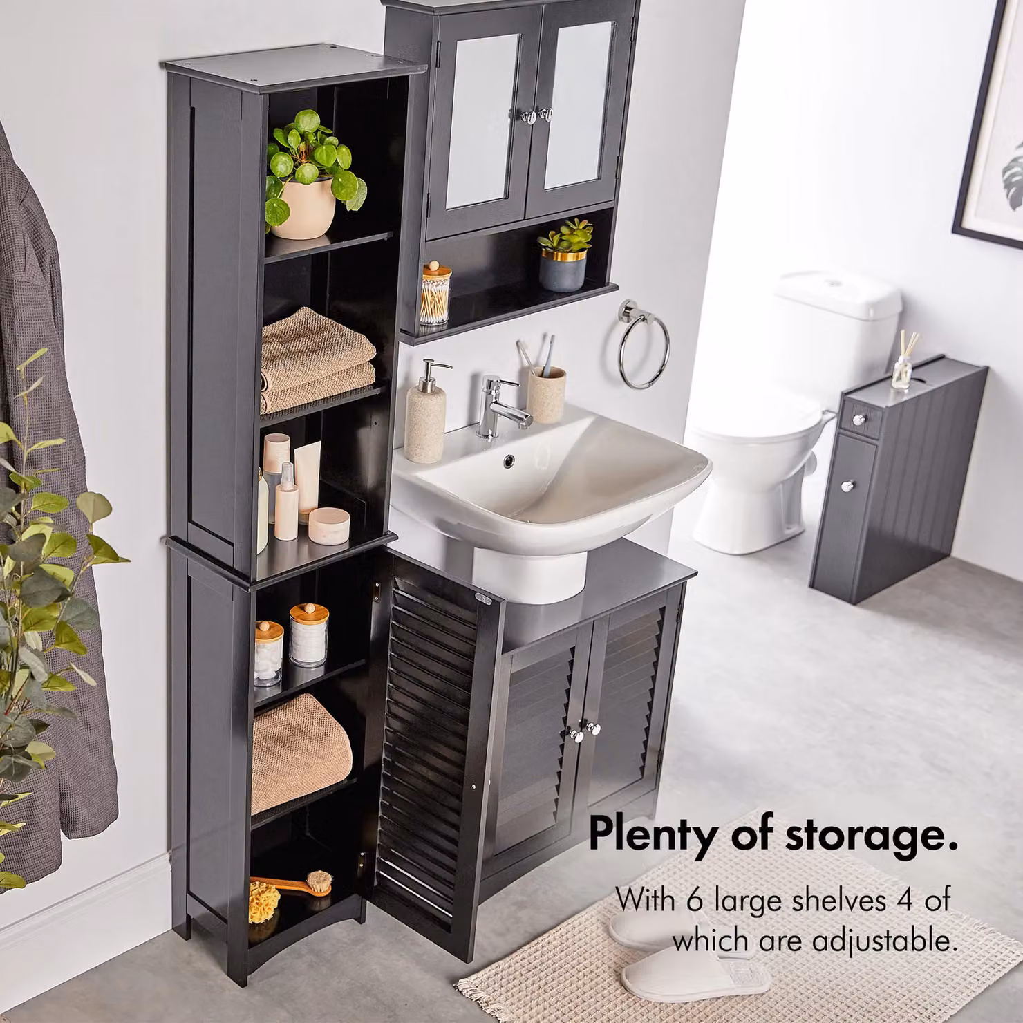 VonHaus Freestanding Tall Bathroom Cabinet in Black with Internal Shelves, H 165 x W 34 x D 23 cm – 3