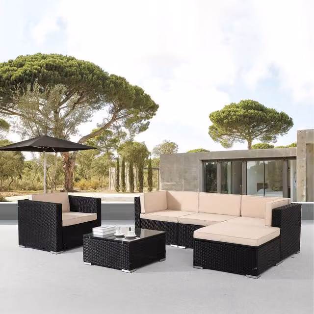 AREBOS Nizza Polyrattan Garden Furniture Set in Black with Metal and Glass Details