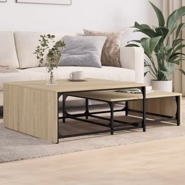 Berkfield Home Nesting Coffee Tables, 2 Piece Set in Sonoma Oak and Brown Engineered Wood with Metal Sled Base