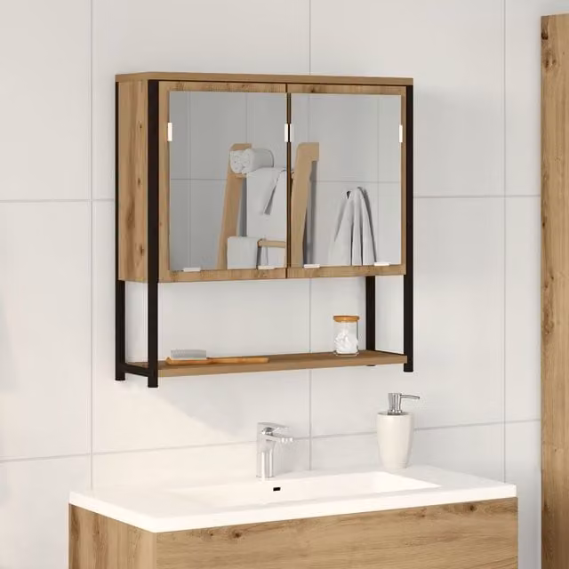 Berkfield Home Artisan Oak Bathroom Mirror Cabinet, Brown, W: 60 cm, H: 60 cm, D: 16 cm