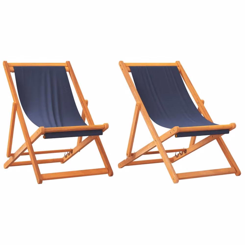 Berkfield Home Set of 2 Durable Folding Beach Chairs with Armrests in Blue Fabric and Treated Hardwood – 3