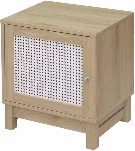 CALICOSY Modern Bedside Table with Rattan Front and 1 Door in Light Brown, W/D/H: 35 x 45 x 50 cm